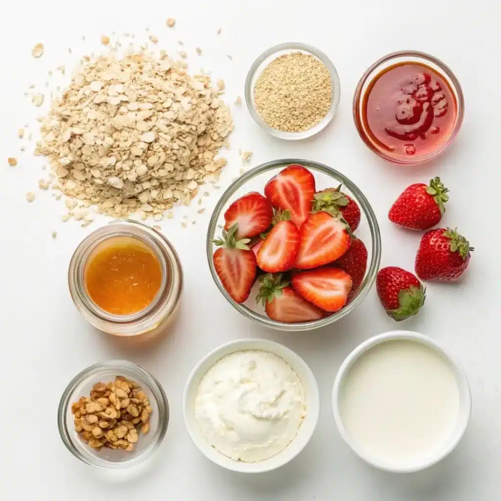 Ingredients for strawberry cheesecake overnight oats on a table