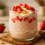 Creamy Strawberry Cheesecake Blended Overnight Oats in a jar with fresh strawberries and granola crumbs—easy no-cook breakfast recipe.