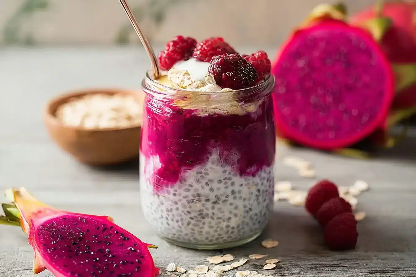 tropical dragon fruit overnight oats in glass jar on wooden table