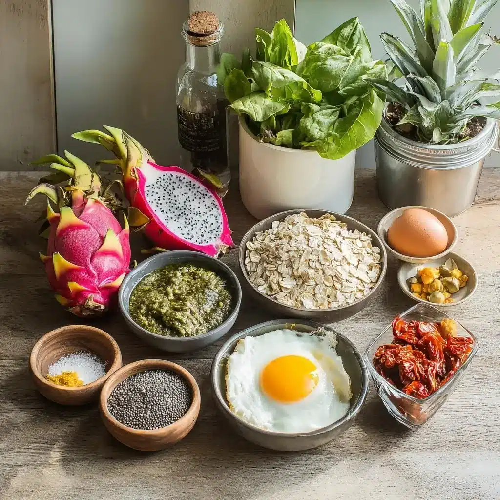 savory ingredients for tropical overnight oats including pesto and spinach