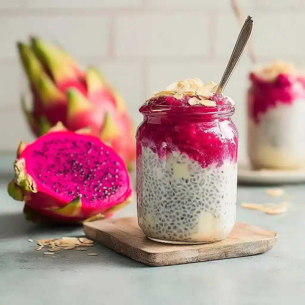 served tropical dragon fruit overnight oats with egg and kiwi topping