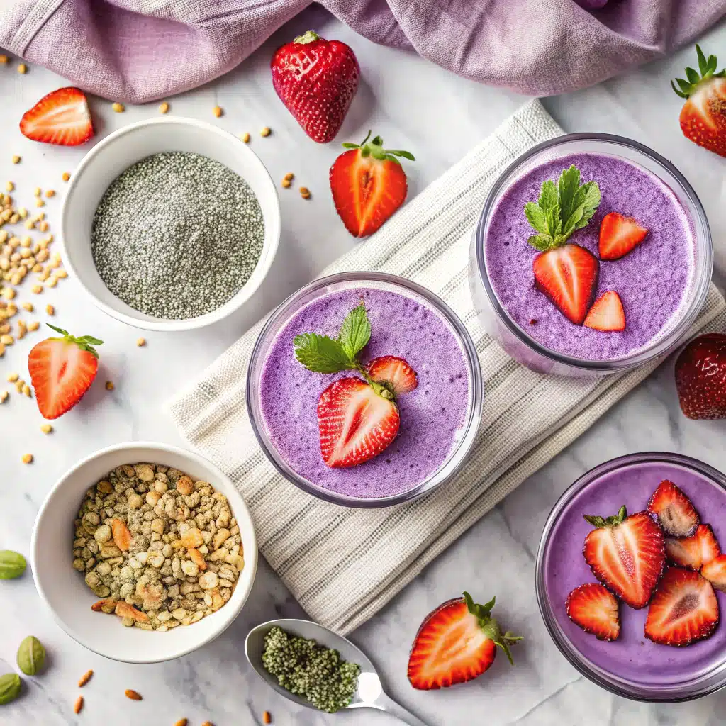 Ube overnight oats ingredients including coconut milk and ube halaya