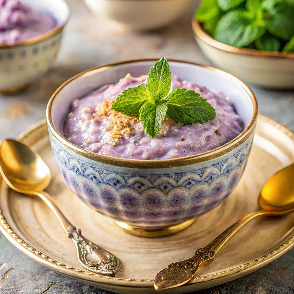 Ube overnight oats in vintage porcelain rice bowl
