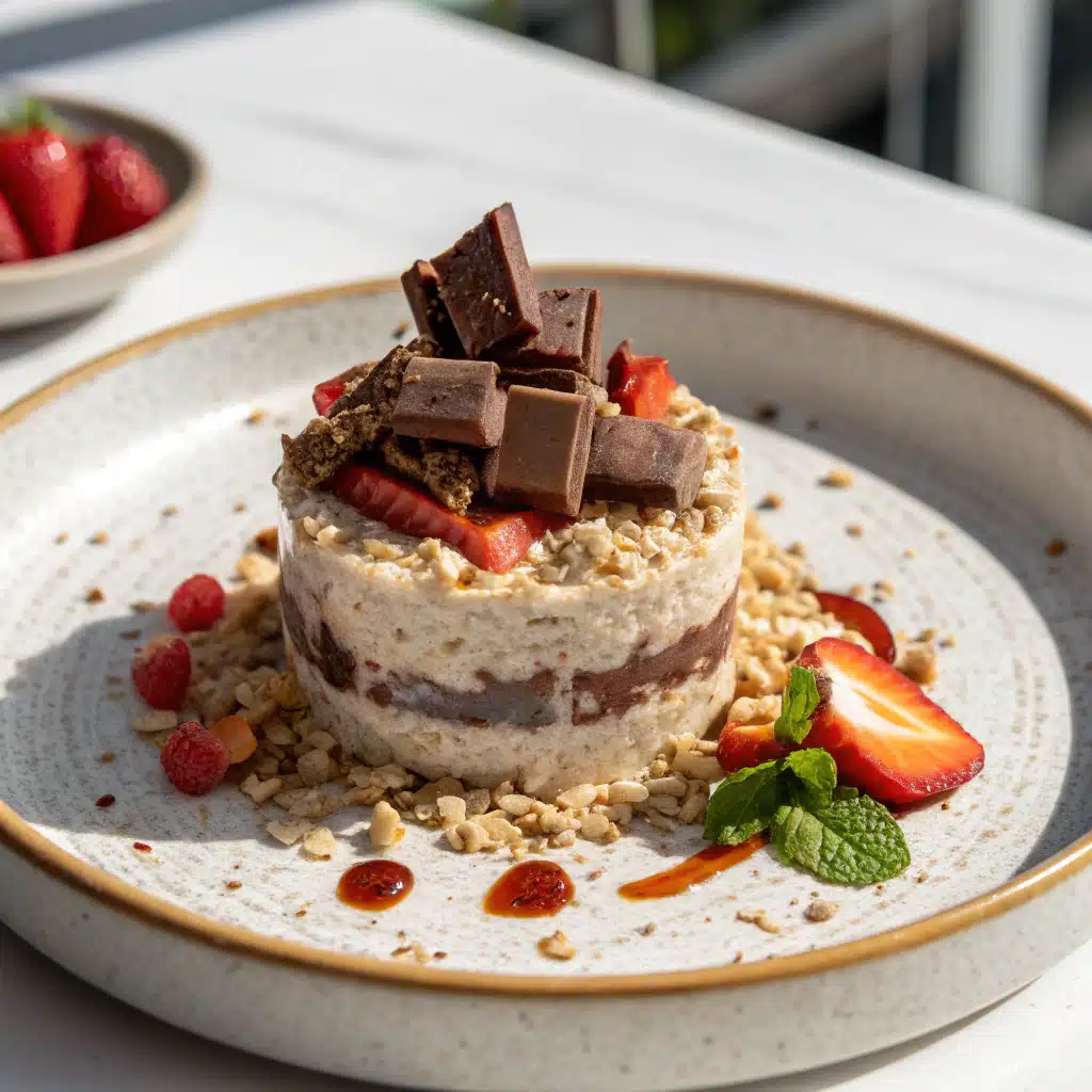 Mars bar overnight oats ready to eat with spoon beside jar