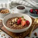 Clean eating overnight oats with wholesome ingredients on rustic table