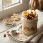 Served salted maple latte overnight oats with cozy toppings
