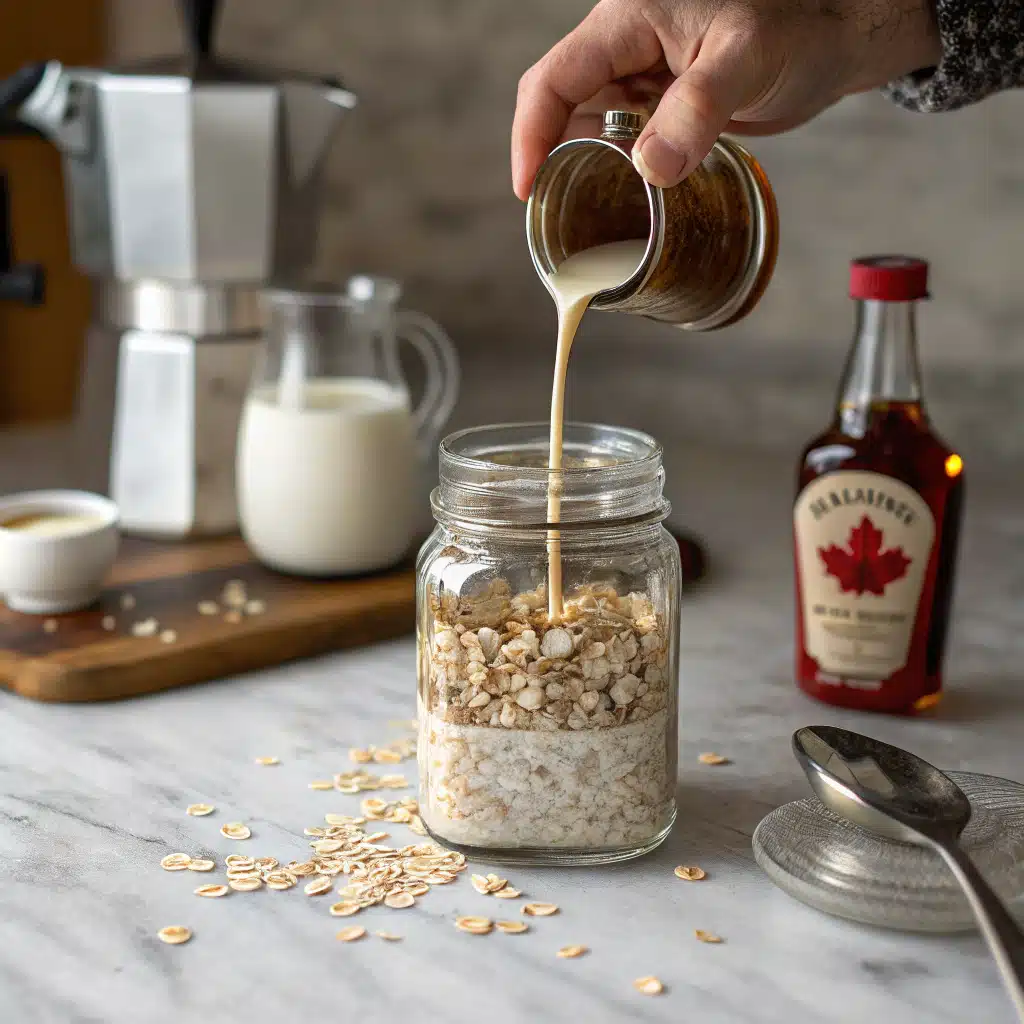 Pouring espresso into overnight oats jar