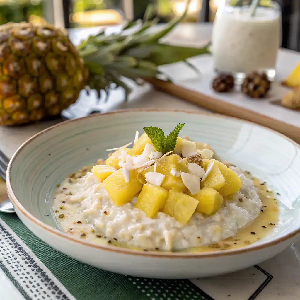 Served pina colada overnight oats with toppings