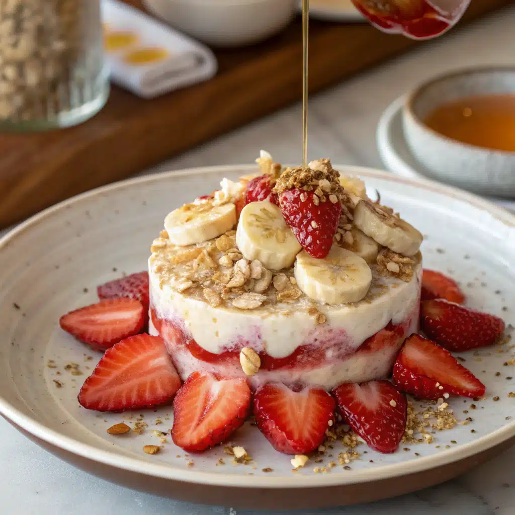 Served strawberry banana overnight oats topped with fresh fruit and granola