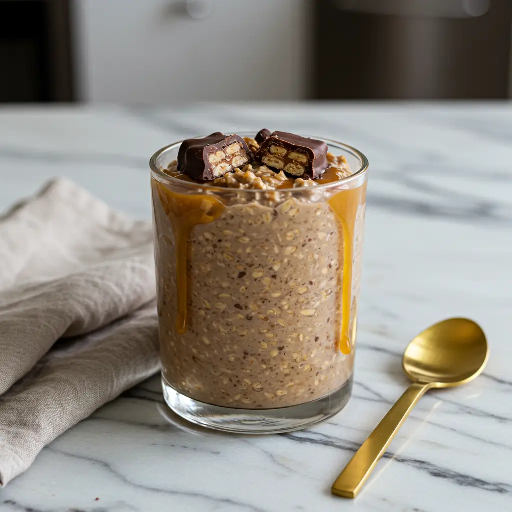 Twix Overnight Oats served in glass with cracked chocolate shell in modern kitchen