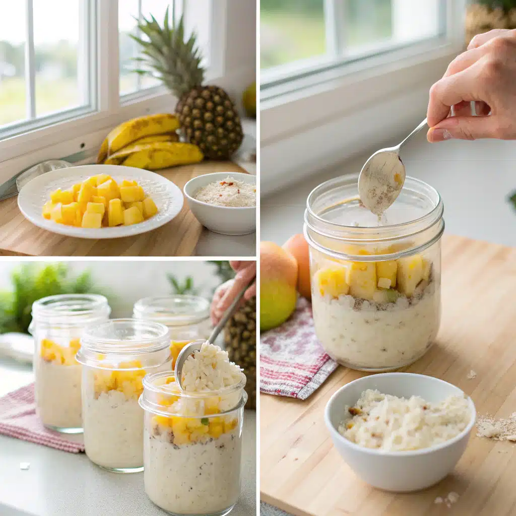 Mixing pina colada overnight oats in a glass jar