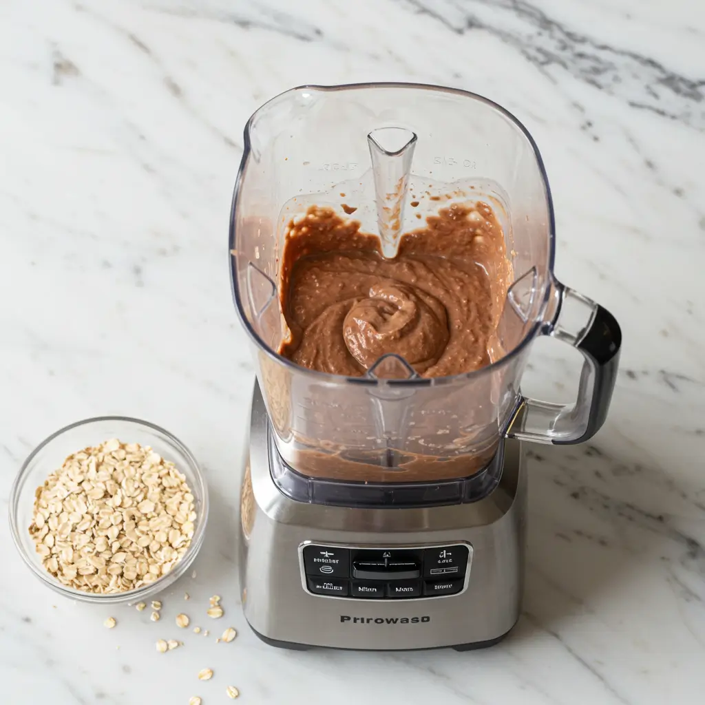Blended chocolate oats in a blender