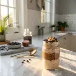Chocolate caramel overnight oats on a marble table in a modern kitchen