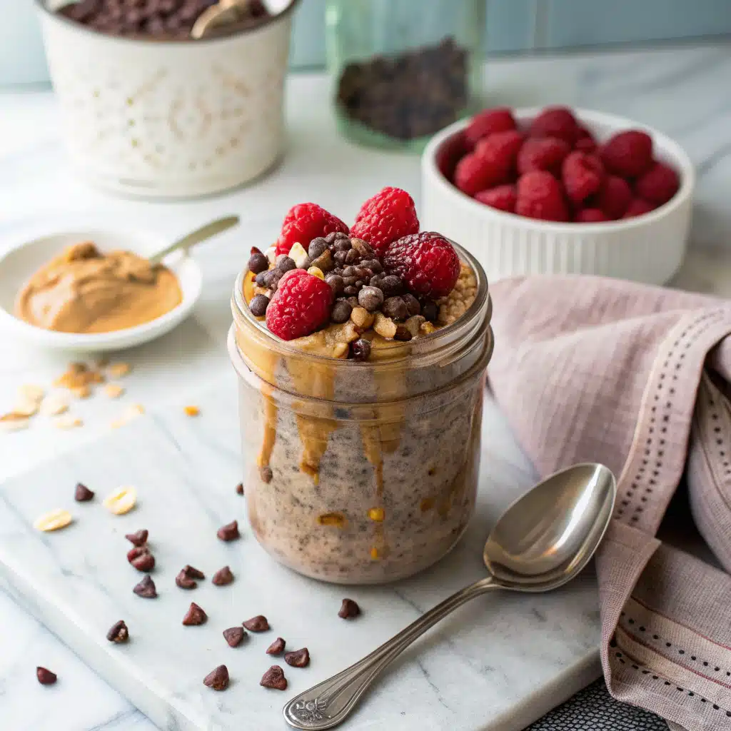 Chocolate caramel overnight oats with toppings served on a marble table