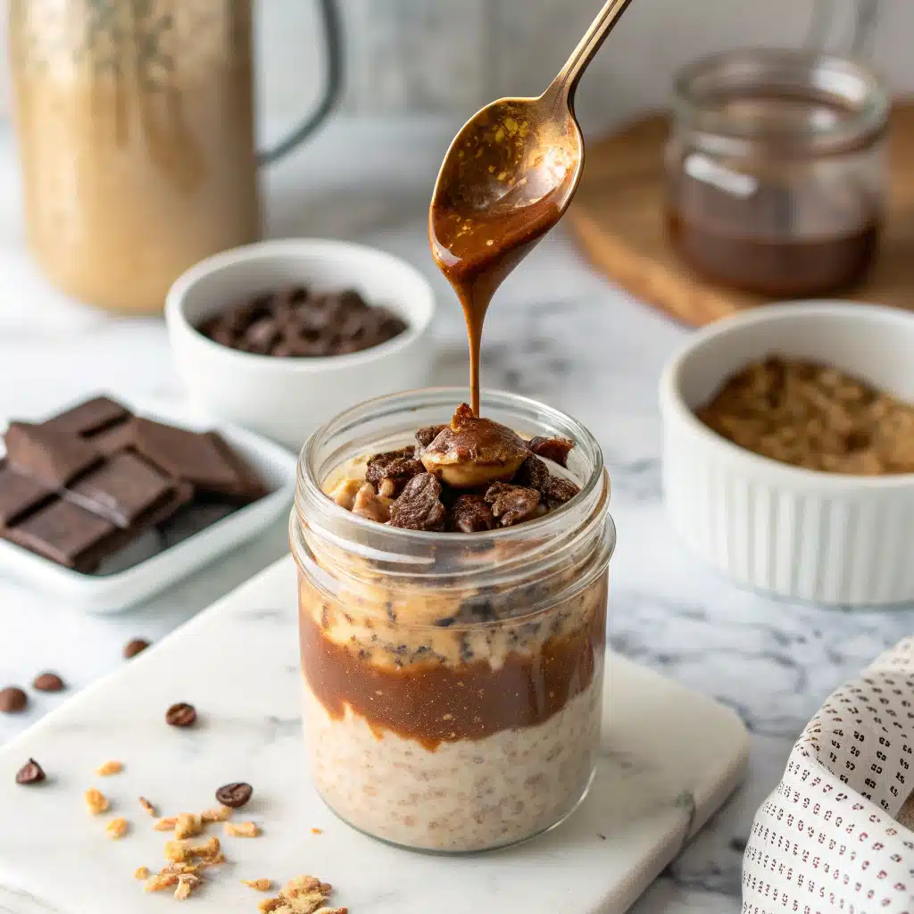 Layering caramel and chocolate oats in a jar on marble kitchen surface
