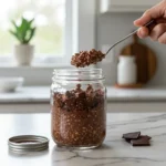 Chocolate smash-top oats cracked open on a modern kitchen counter