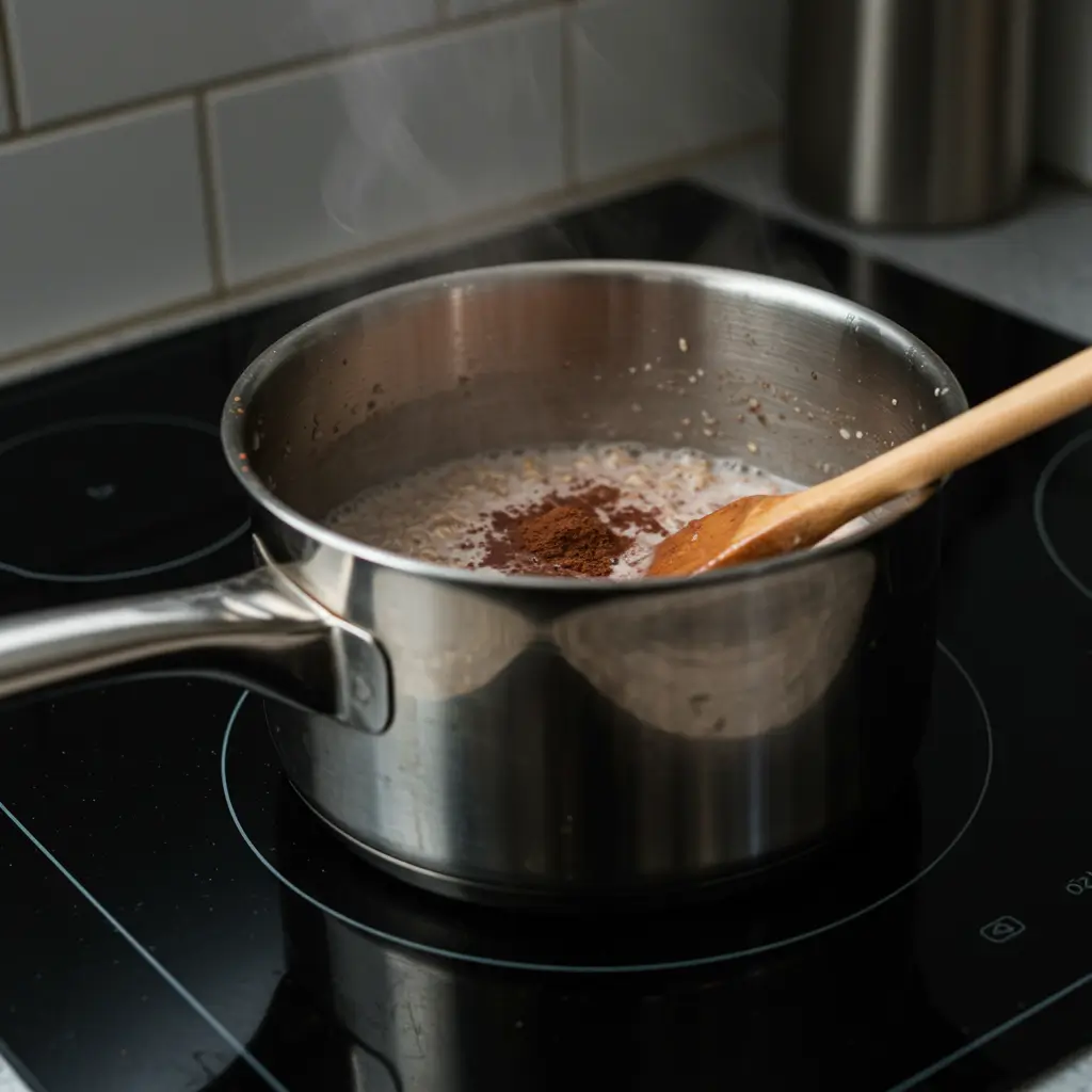 Cooking oats and cocoa for chocolate smash-top oats in a modern kitchen