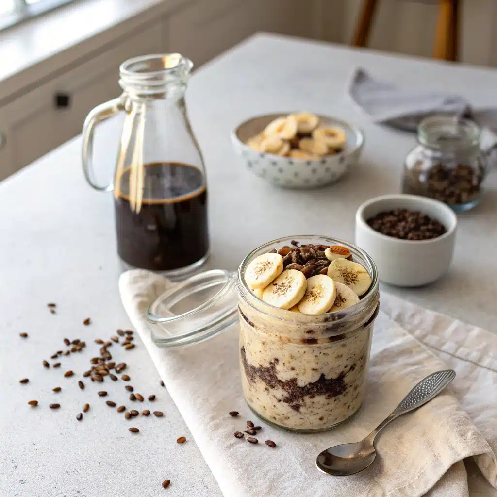 ingredients for cold brew overnight oats laid out on marble surface