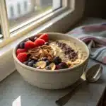 cold brew overnight oats in a bowl with toppings and sunlight