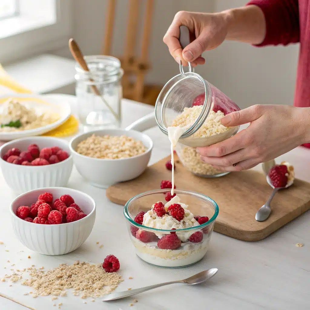Pouring almond milk into oats jar