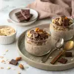 Mars bar overnight oats in glass jar topped with chocolate and caramel