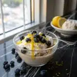 Served lemon cheesecake overnight oats topped with yogurt and blueberries