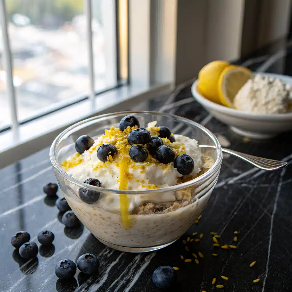 Served lemon cheesecake overnight oats topped with yogurt and blueberries