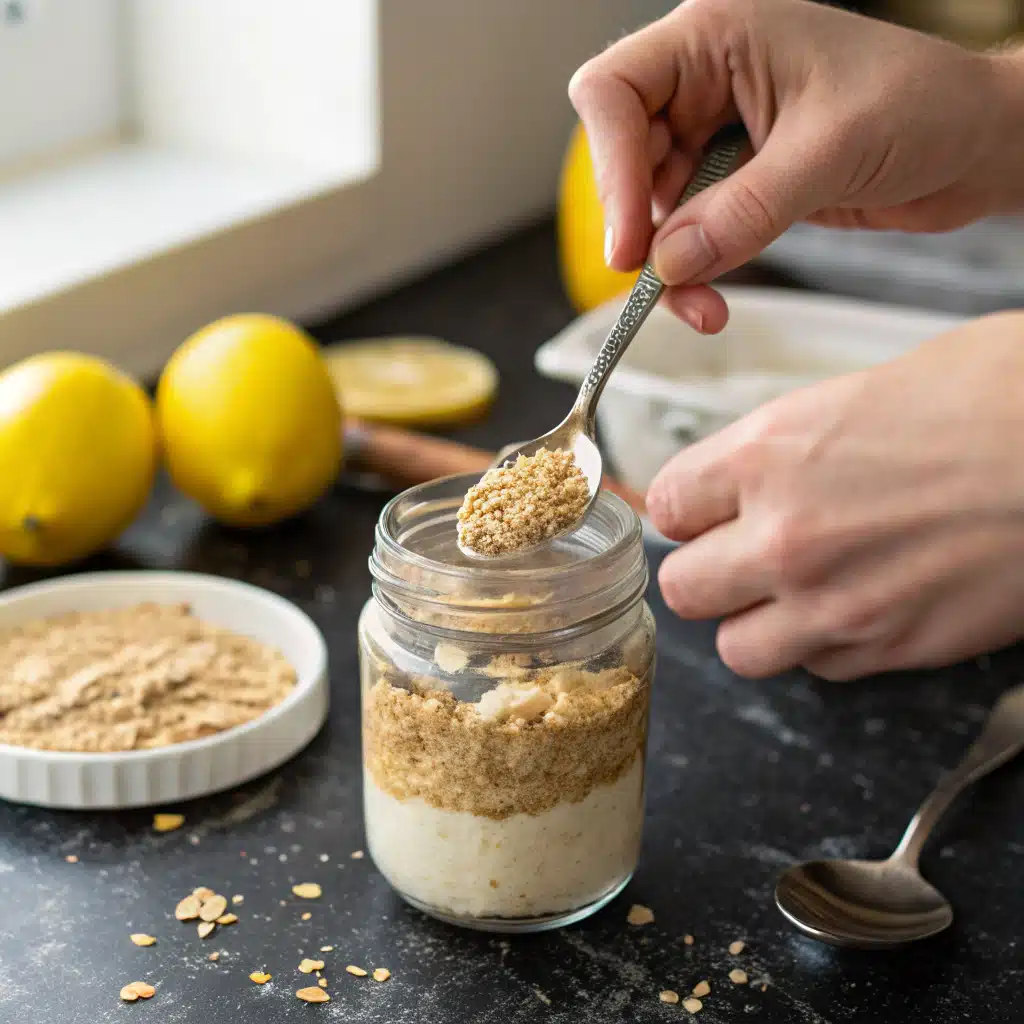 Assembling lemon cheesecake overnight oats on black marble countertop