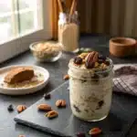 oatmeal cookie overnight oats in a mason jar with cinnamon and raisins