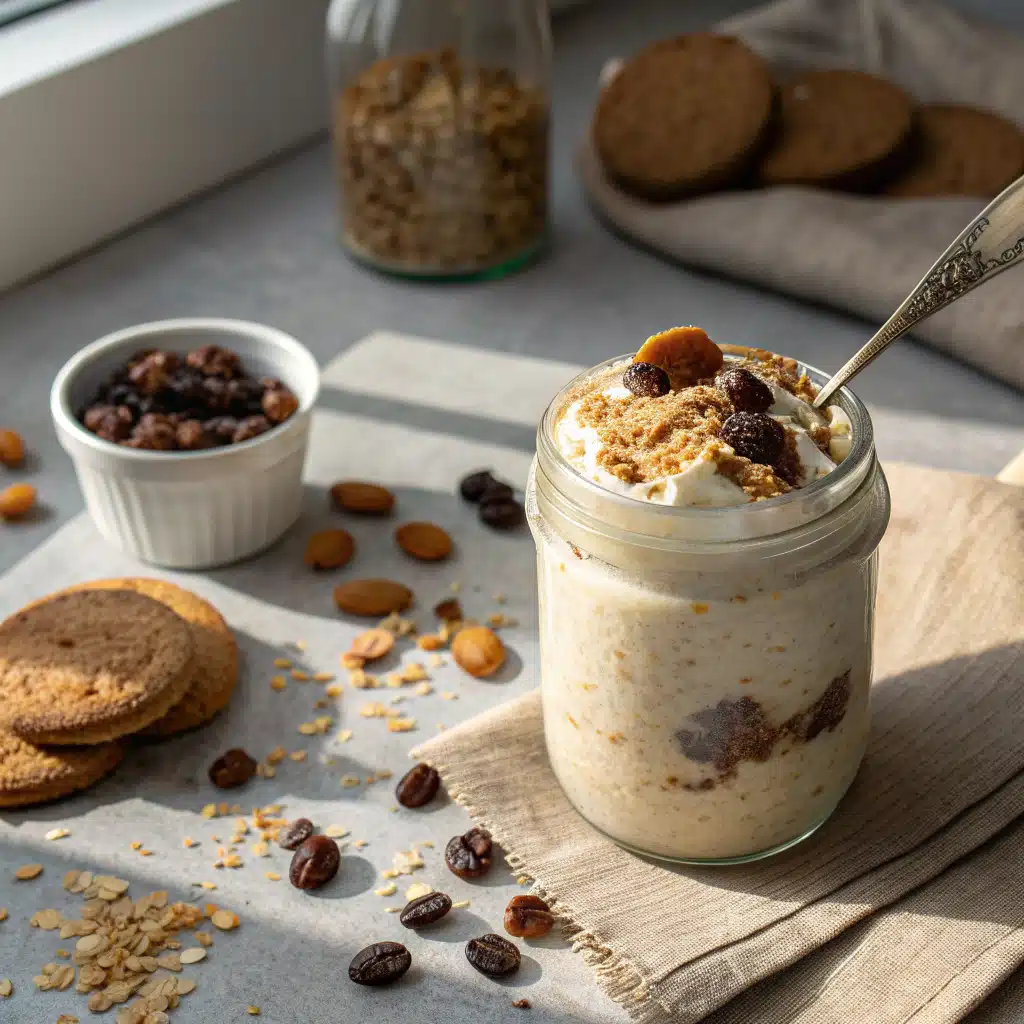 served oatmeal cookie overnight oats with yogurt and raisins