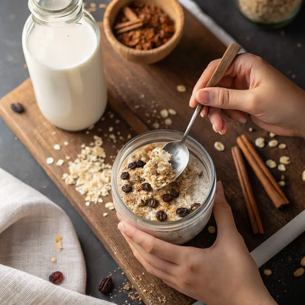 mixing oatmeal cookie overnight oats in a glass jar