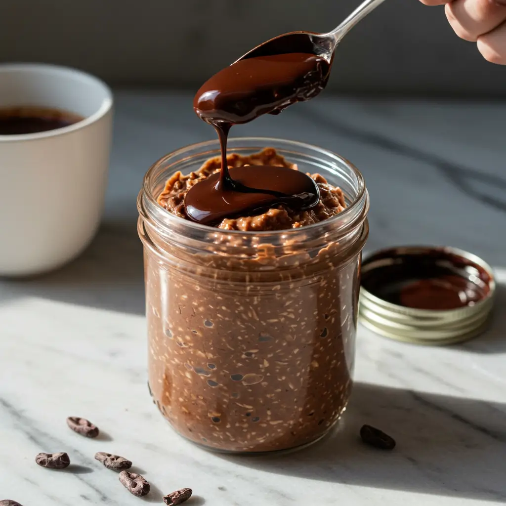 Serving chocolate blended oats with chocolate topping