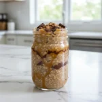 Twix Overnight Oats in mason jar on modern kitchen marble countertop