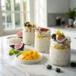 Yogurt overnight oats jars in modern kitchen with vibrant toppings