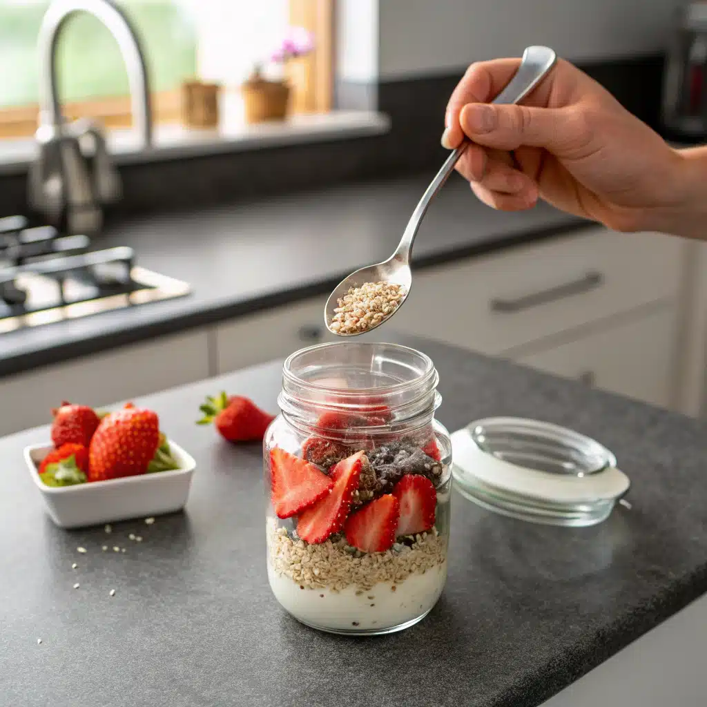 Assembling yogurt overnight oats in a modern kitchen jar