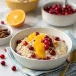 Cranberry orange overnight oats in a mason jar on wooden table
