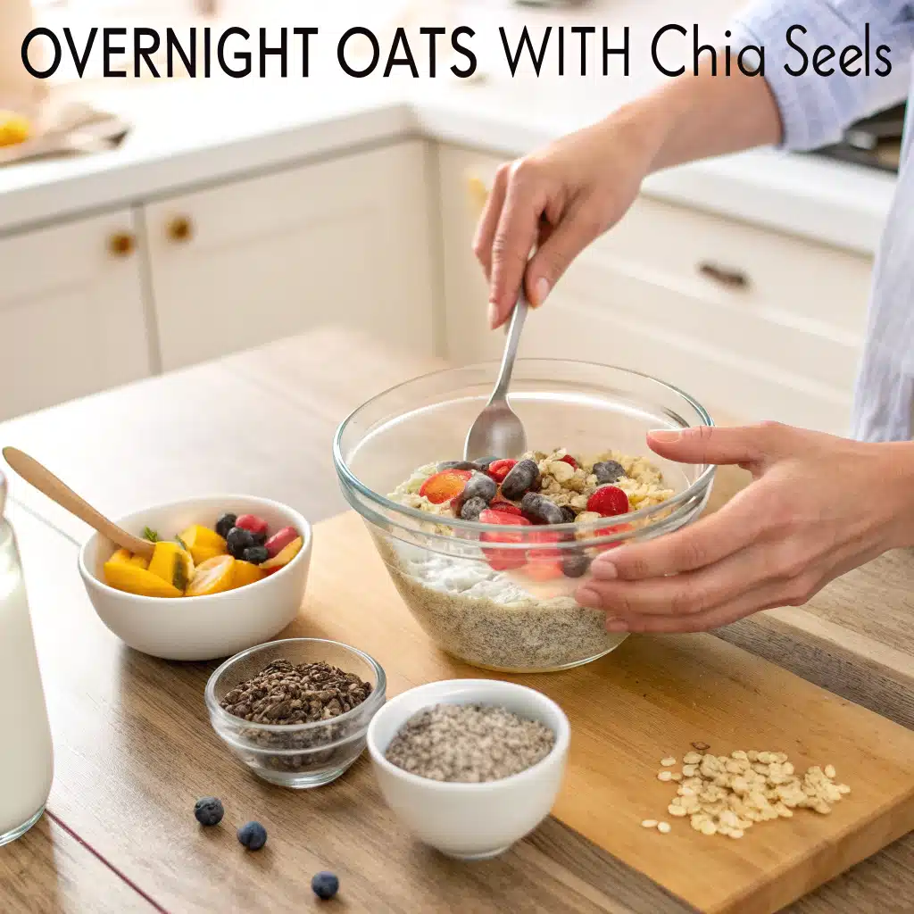 Mixing oats and chia seeds with almond milk in a jar