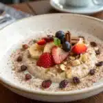 Served overnight oats with toppings in a glass jar