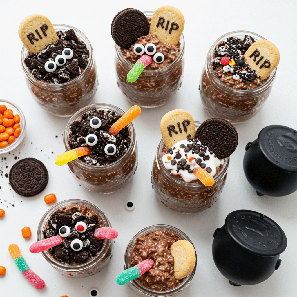 Spooky oreo overnight oats decorated with crushed cookies, gummy worms, and Halloween candy in glass jars on white background