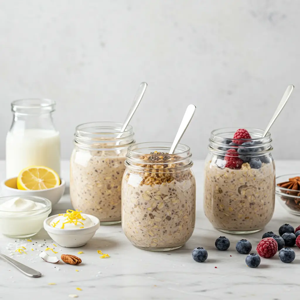 Three jars of overnight oats on a modern kitchen counter: one watery, one dense, and one perfectly creamy with berries and chia, illustrating mistakes beginners make with overnight oats.