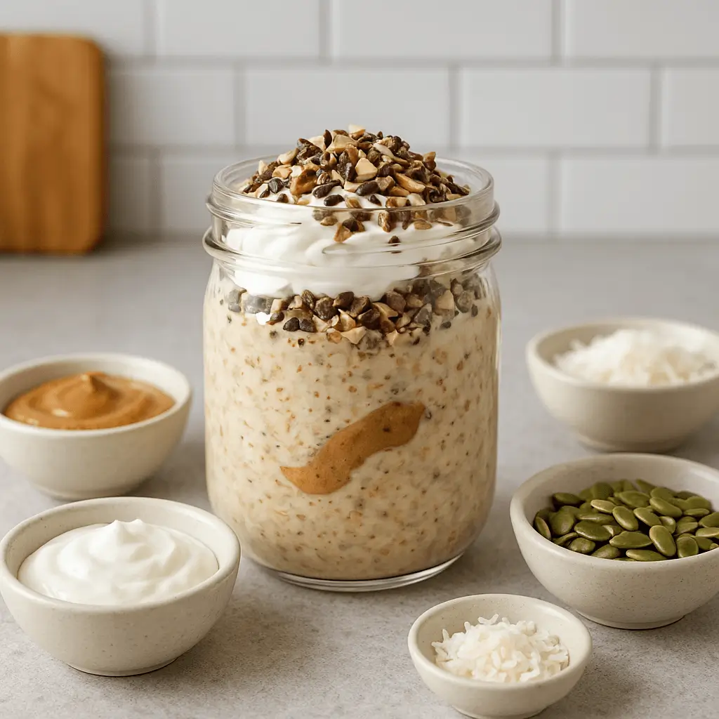 A jar of overnight oats on a modern kitchen counter, mixed with nut butter, yogurt, coconut, and crunchy toppings like seeds and cacao nibs, showing how to avoid mistakes beginners make with overnight oats.