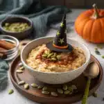 Witch's Brew Overnight Oats with spooky toppings
