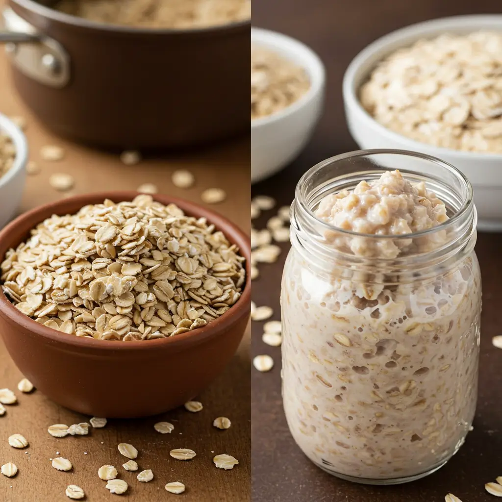 Steel-cut oats in bowl showing rice-like chopped pieces, mason jar with chunky overnight oats, small pot nearby