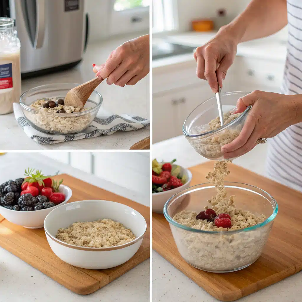 Pouring almond milk into overnight oats jar
