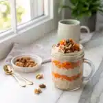 Carrot cake overnight oats in a modern kitchen jar setup
