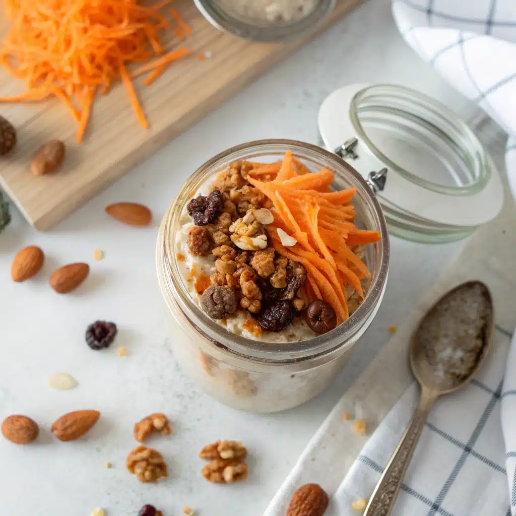 Carrot cake overnight oats in a jar with toppings