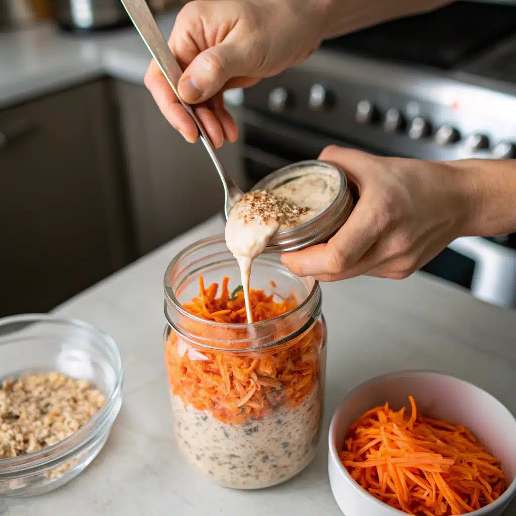 Mixing carrot cake oats in a jar