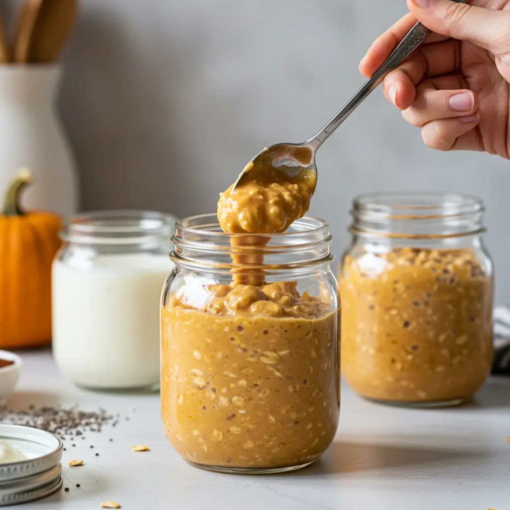 Stirring creamy pumpkin spice overnight oats in modern kitchen