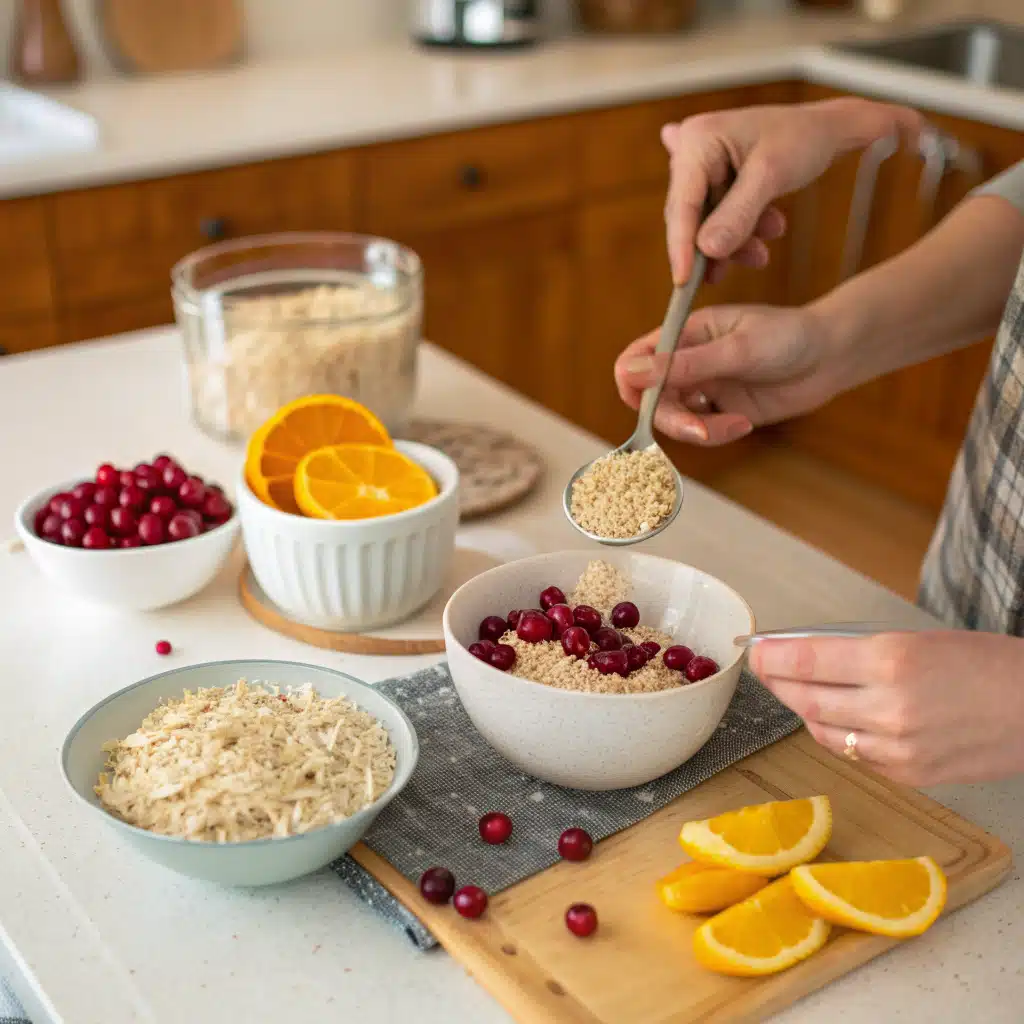 Stirring cranberry orange overnight oats mixture in a bowl