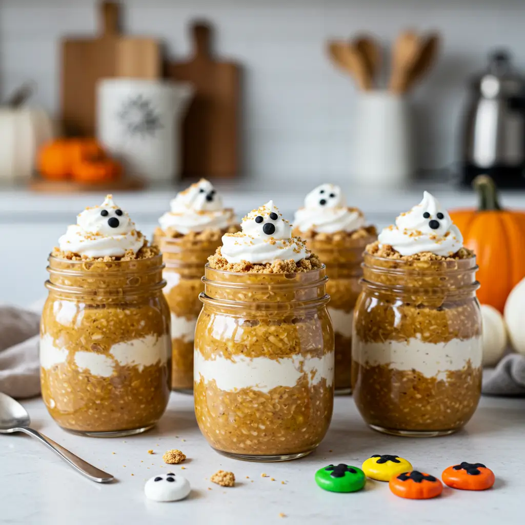 Pumpkin oats with spooky toppings served in modern kitchen